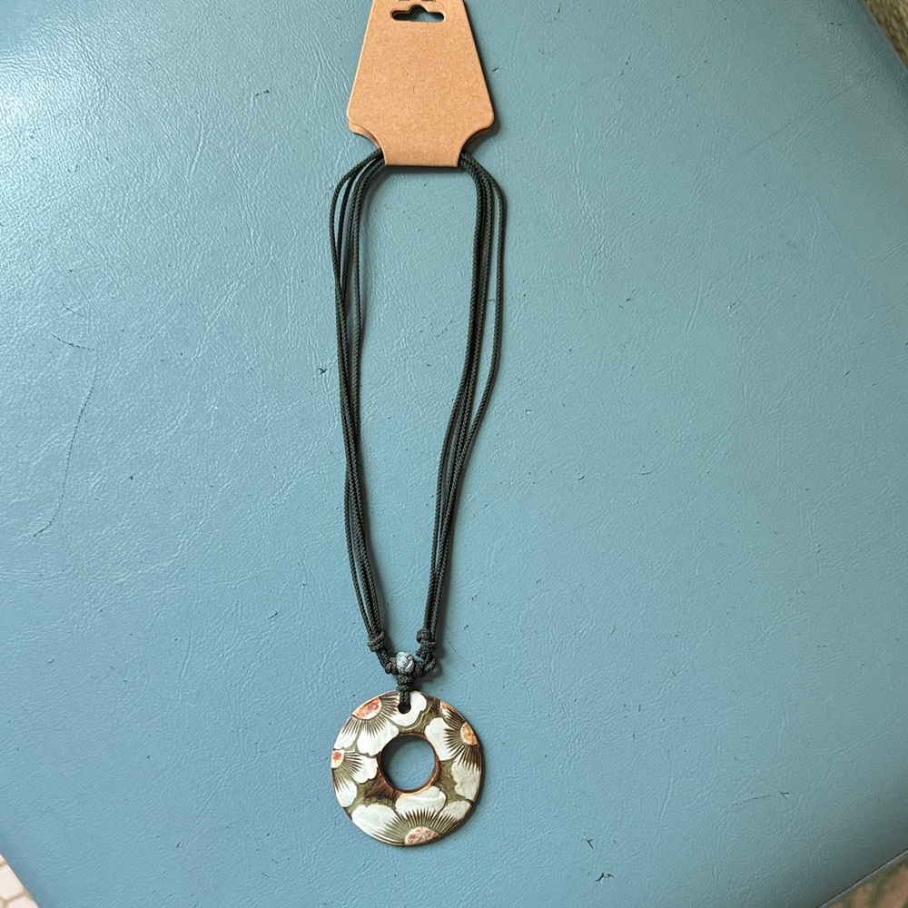 Floral Donut Pendant Necklace with Dark Gr Cord - Lightweight White & Pale Green